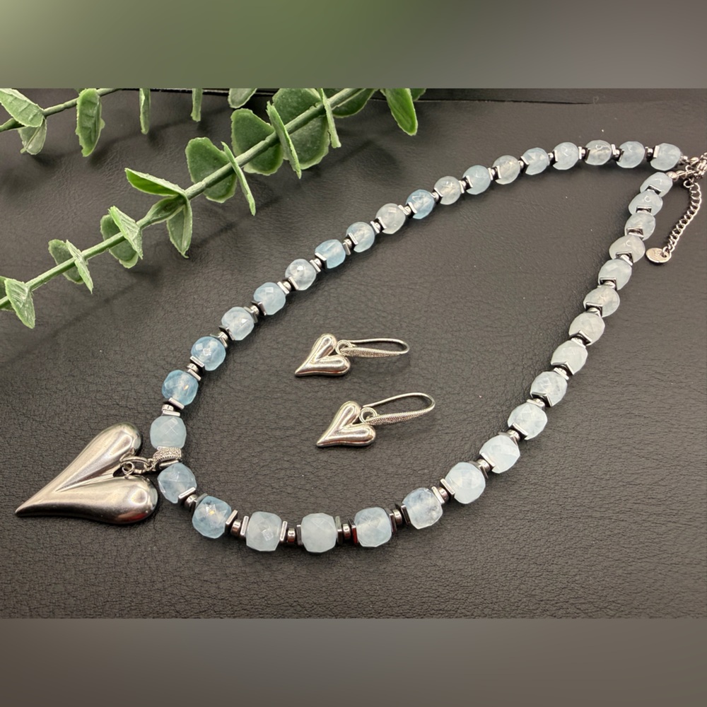 Heart Pendant aquamarine beads necklace and earrings